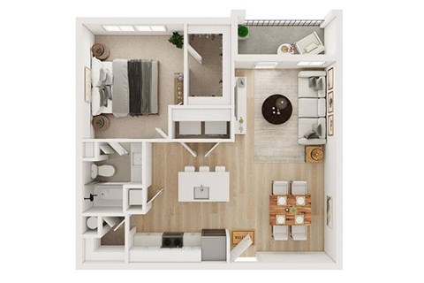 A top-down view of a small apartment with a kitchen, living room, and bathroom.