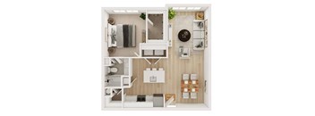 A top-down view of a small apartment with a kitchen, living room, and bathroom.