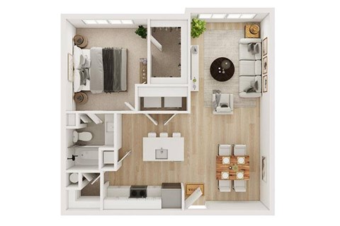A top-down view of a small apartment with a kitchen, living room, and bathroom.