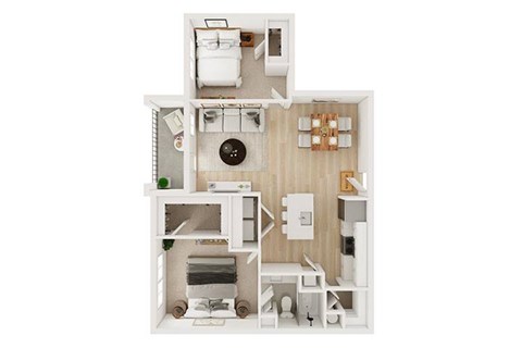 A white model of a house with a kitchen, living room, and two bedrooms.