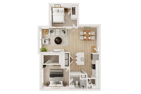 A white and wood kitchen with a dining table and chairs.