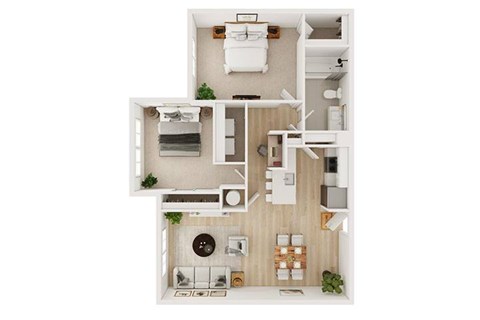 A white and wood floor plan of a house with a kitchen, living room, and two bedrooms.