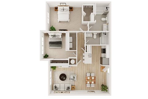 A top-down view of a modern apartment with a kitchen, living room, and bedroom.