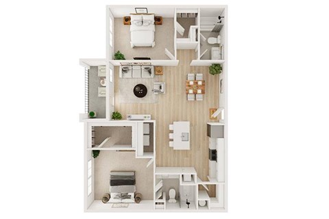 A top-down view of a small apartment with a kitchen, living room, and bathroom.