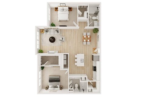 A top-down view of a small, well-organized apartment with a kitchen, living room, and bathroom.