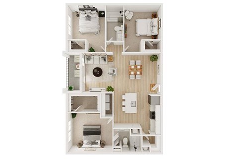 A white model of a house with a kitchen, living room, and bathroom.