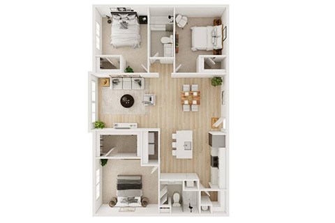 A top-down view of a small apartment with a kitchen, living room, and bathroom.