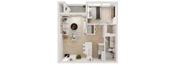 A top-down view of a small, modern apartment with a kitchen, living room, and bedroom.