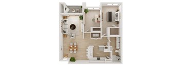 A white and wood floor plan of a small apartment with a kitchen, living room, and bathroom.