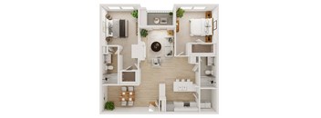 A top-down view of a small apartment with a kitchen, living room, and bathroom.