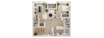 A top-down view of a small apartment with a kitchen, living room, and bedroom.