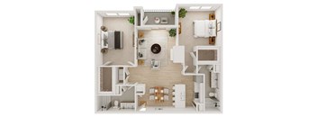 A top-down view of a small apartment with a kitchen, living room, and bathroom.