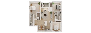 A top-down view of a small apartment with a kitchen, living room, and bathroom.
