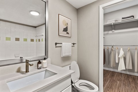 A bathroom with a toilet, sink, and a mirror.