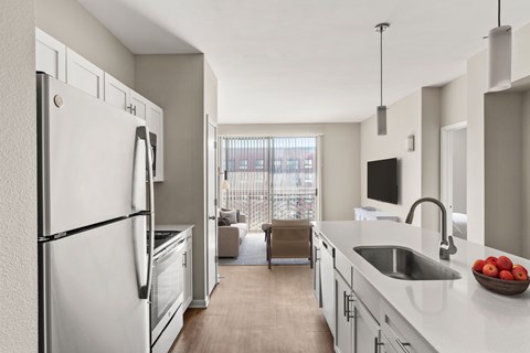 A modern kitchen with a refrigerator, sink, and a bowl of apples on the counter.