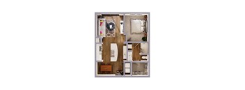 A floor plan of a small apartment with a kitchen, living room, and bedroom.
