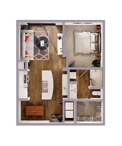 A floor plan of a small apartment with a kitchen, living room, and bedroom.
