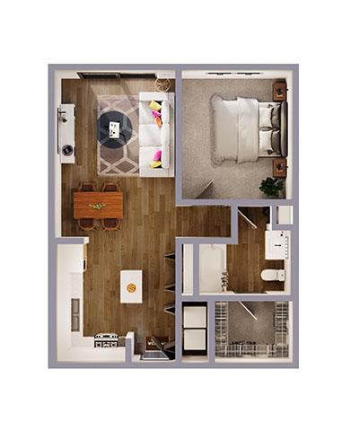 A top-down view of a small apartment with a kitchen, living room, and bedroom.