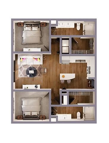 A top down view of a small apartment with a bedroom, living room, kitchen and bathroom.