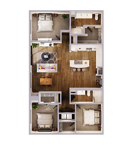 A floor plan of a two-bedroom apartment with a living room, kitchen, and bathroom.