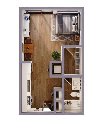 A small apartment with a kitchen, living room, and bathroom.