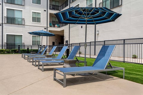 A row of blue sun loungers are arranged in front of a building.