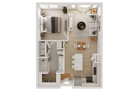 A white and wood bathroom with a toilet, sink, and mirror.