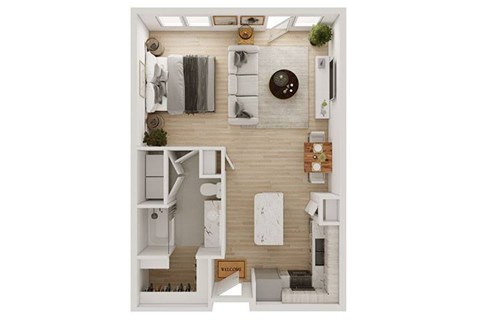 A top-down view of a small, neatly organized apartment with a living area, kitchen, and bedroom.