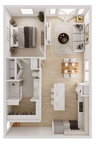 A small apartment with a lofted sleeping area.