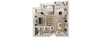 A 3D floor plan of a small apartment with a kitchen, living room, and bathroom.