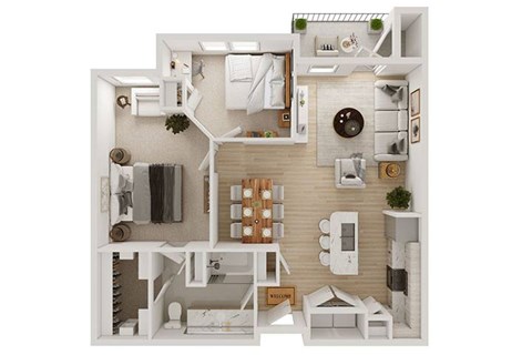 A 3D floor plan of a small apartment with a kitchen, living room, and bathroom.