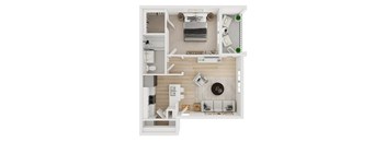 A white dollhouse with a kitchen, living room, and bathroom.