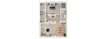 A top-down view of a modern apartment layout with a living room, kitchen, and dining area.