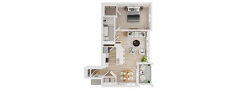 A floor plan of a house with a kitchen, living room, and two bedrooms.