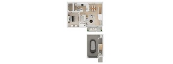 A floor plan of a two-story apartment with a garage.