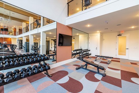 A gym with a variety of equipment including dumbbells, weight machines, and a bench press.
