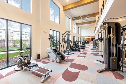 A gym with a variety of equipment including treadmills, elliptical machines, and weights.