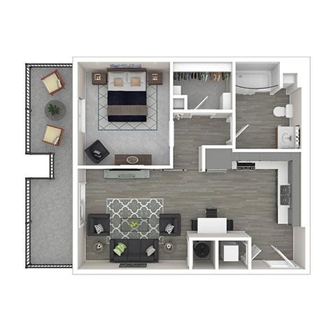 A top-down view of a modern apartment layout.