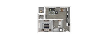 A floor plan of a house with a living room, kitchen, and bathroom.