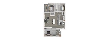 A top-down view of a house layout with a kitchen, living room, and bedrooms.