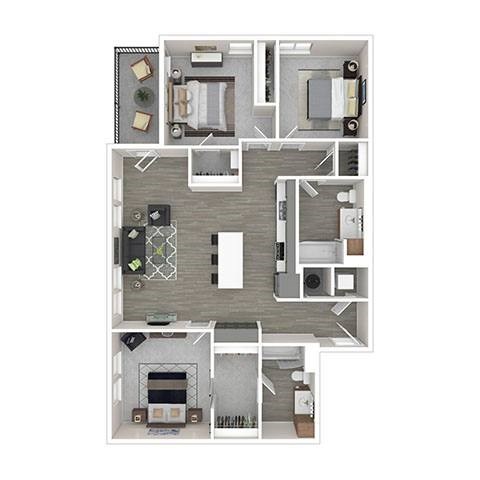 A top-down view of a house layout with a kitchen, living room, and bedrooms.