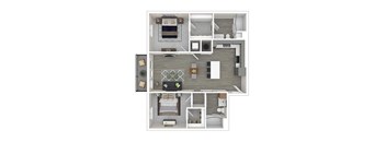 A top-down view of a house layout with a living room, kitchen, and bedrooms.