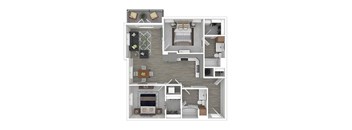 A floor plan of a house with a kitchen, living room, dining room, and two bedrooms.