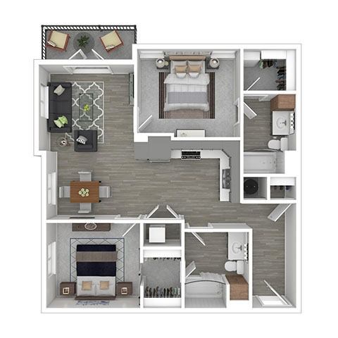 A floor plan of a house with a kitchen, living room, dining room, and two bedrooms.