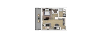 A top-down view of a small apartment with a bedroom and living room.