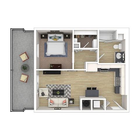 A top-down view of a small apartment with a bedroom and living room.