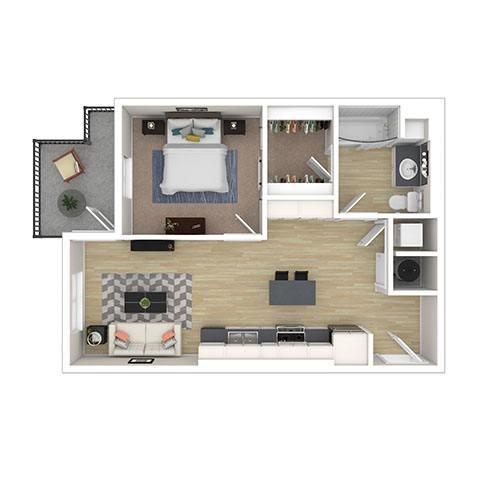 A floor plan of a small apartment with a bedroom and living room.