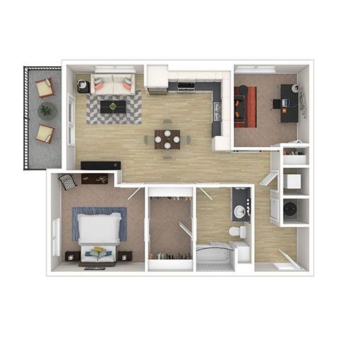 A floor plan of a small apartment with a kitchen, living room, and bathroom.