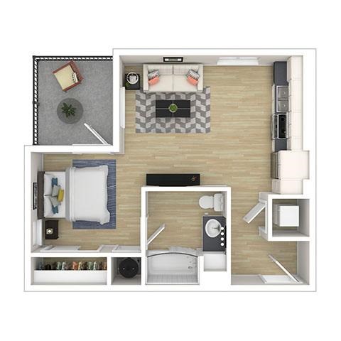 A top-down view of a small apartment with a kitchen, living room, and bathroom.