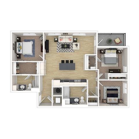 A floor plan of a small apartment with a kitchen, living room, and two bedrooms.